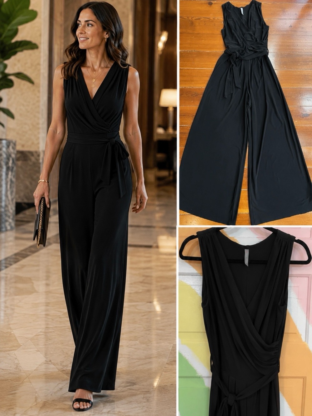 LAST TANGO Black Draped Surplice Tie Waist Wide Leg Jumpsuit USA Sz S 💚🎀